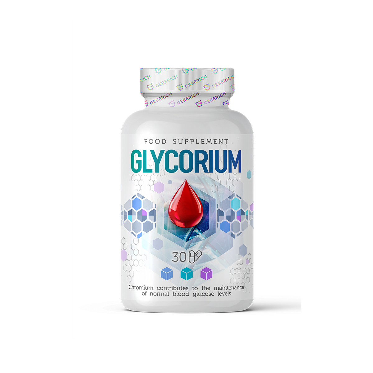 Glucorium dietary supplement by Geberich featuring a bottle of capsules on a white background.
