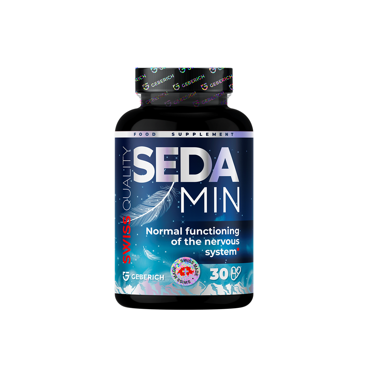 Sedamin dietary supplement by Geberich showing capsules in a clear container on a white background.